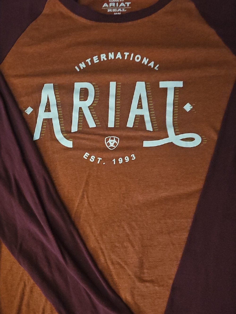 Ariat Two-Tone Long Sleeve Logo Tee - Rust & Maroon
